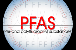 Image with word PFAS and compass graphic behind it to show how challenging it is to navigate the regulations surrounding it.