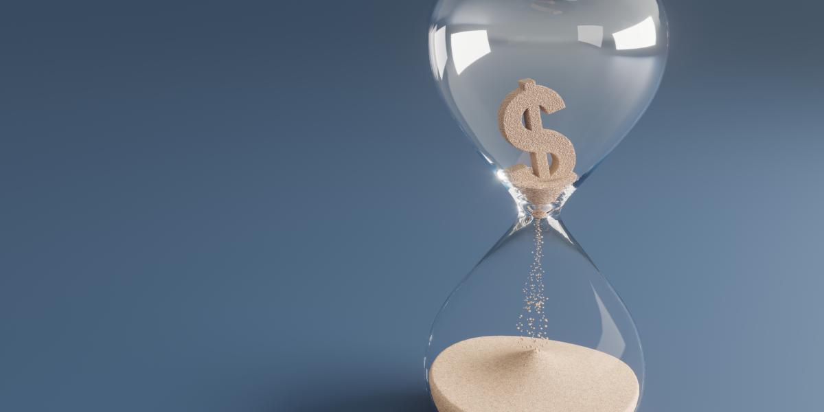 Time and money are running out, hourglass concept image