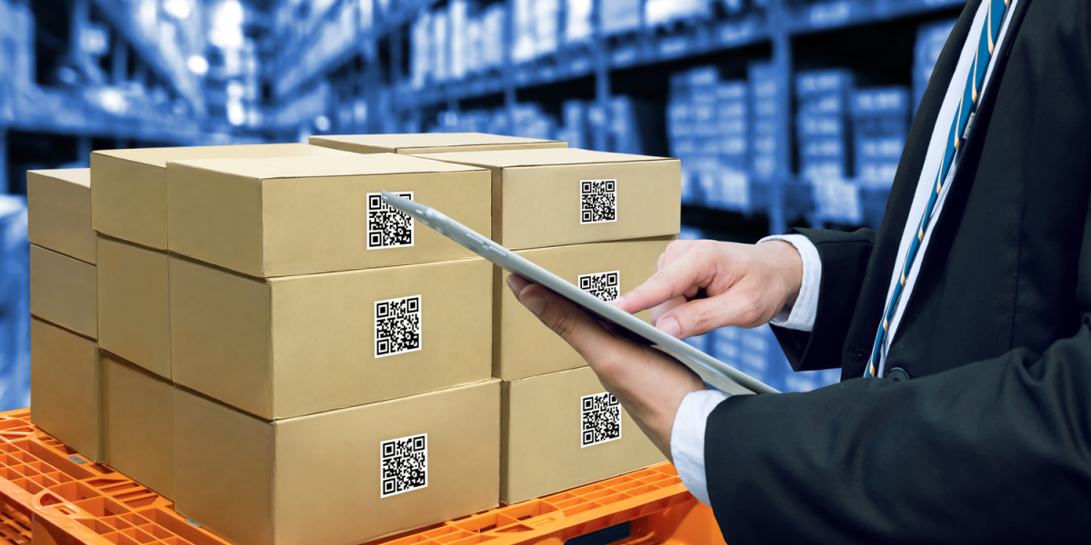 warehouse of products depicting supply chain with digital product passport qr code