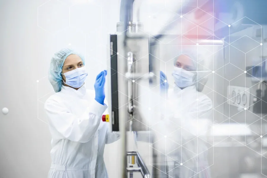 Worker in chemical facility using screen
