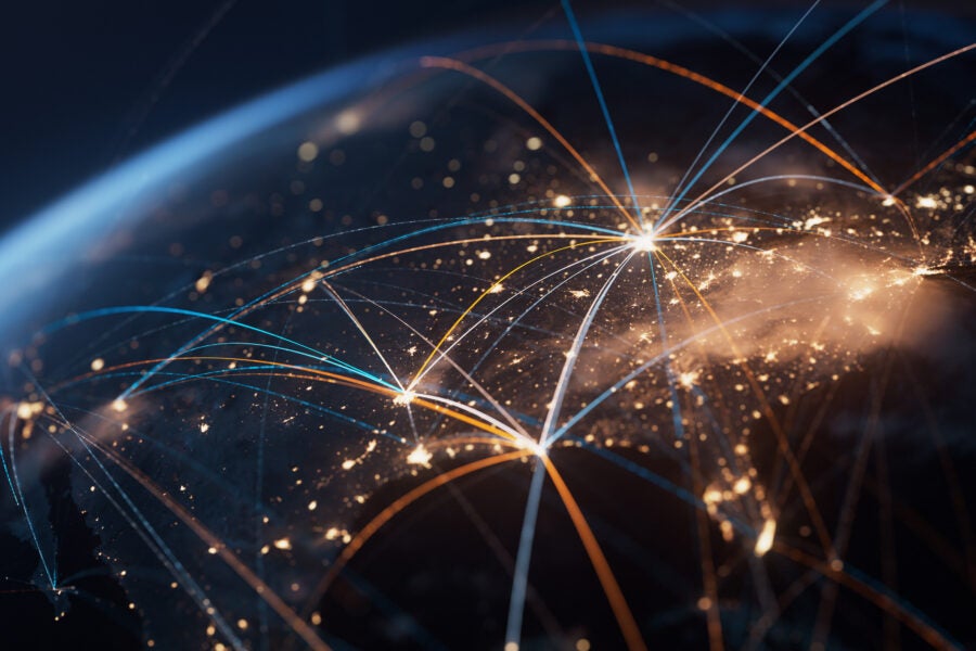 Highly detailed 3d generated globe with glowing connection lines between big cities. Perfectly usable for all kinds of topics related to international business and finance or global data networks. Created from textures by NASA: https://visibleearth.nasa.gov/images/55167/earths-city-lights, https://visibleearth.nasa.gov/images/73934/topography