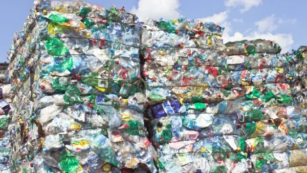 Stack of plastic bottles for recycling against blue sky