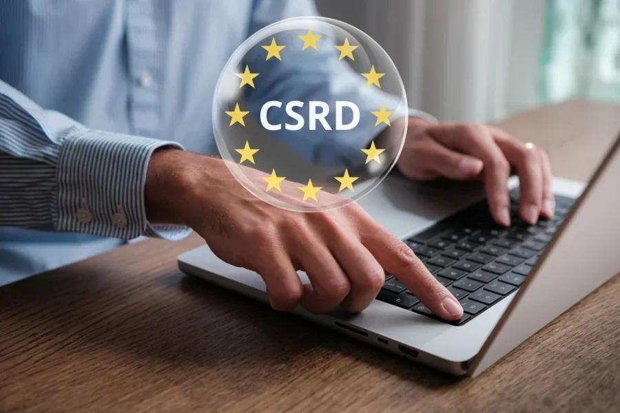 Sustainability reporting concept. Corporate Sustainability Reporting Directive. CSRD Reporting, CO2 emissions reduction. Financial Reporting. Auditing.