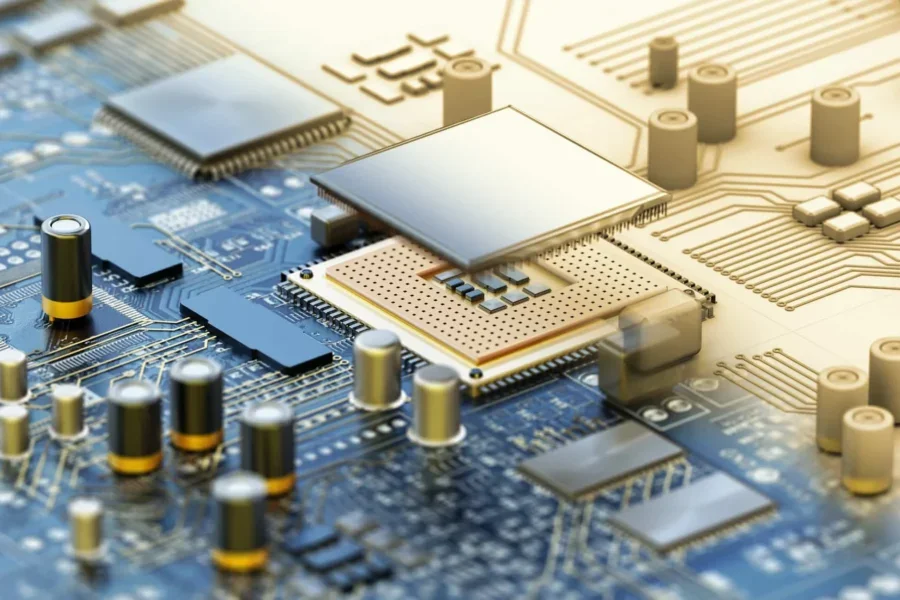 3D illustration of a CPU over a generic mainboard. Realistic and wireframe design