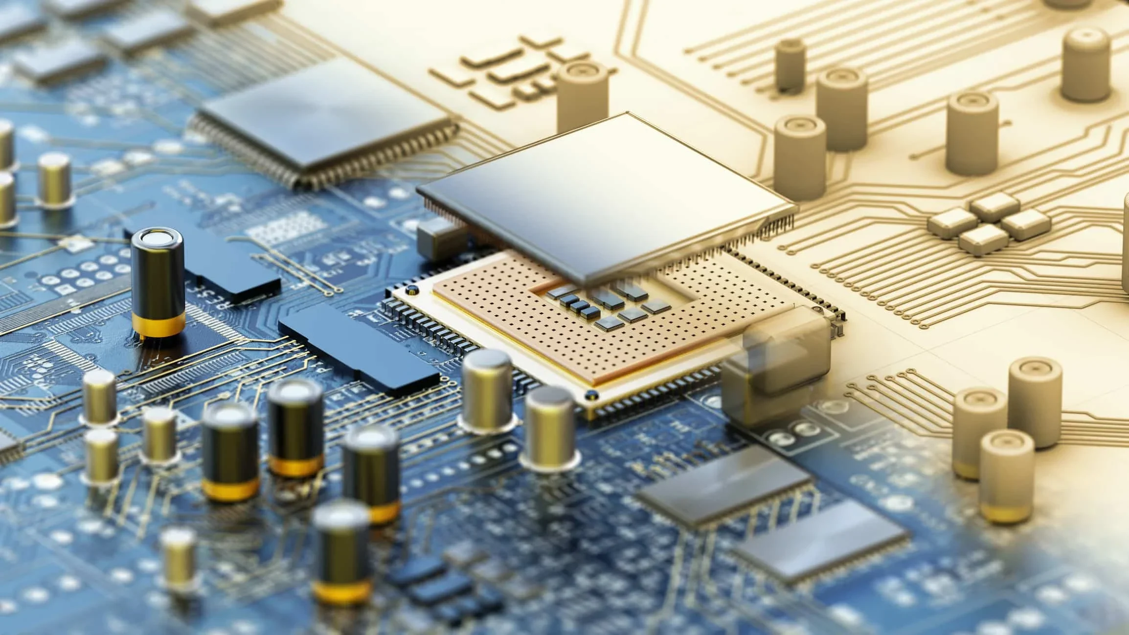 3D illustration of a CPU over a generic mainboard. Realistic and wireframe design