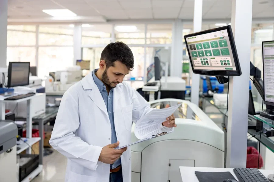 Latin American doctor looking at tests results while working at the laboratory on a computer