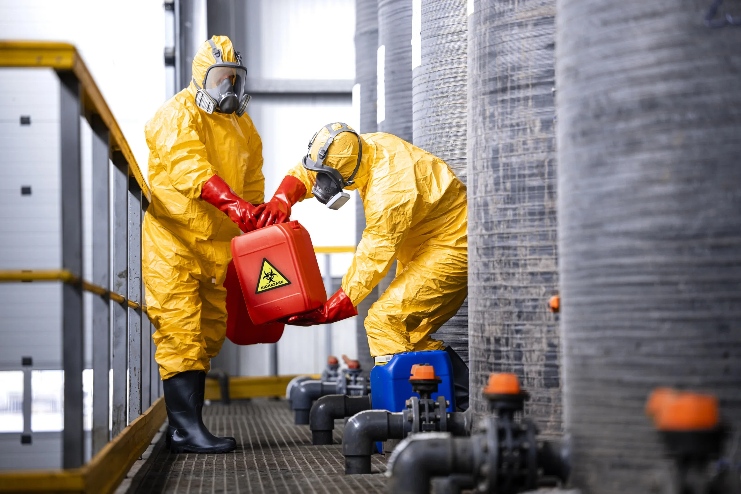 carefully handling toxic and dangerous biohazardous waste in chemicals factory.