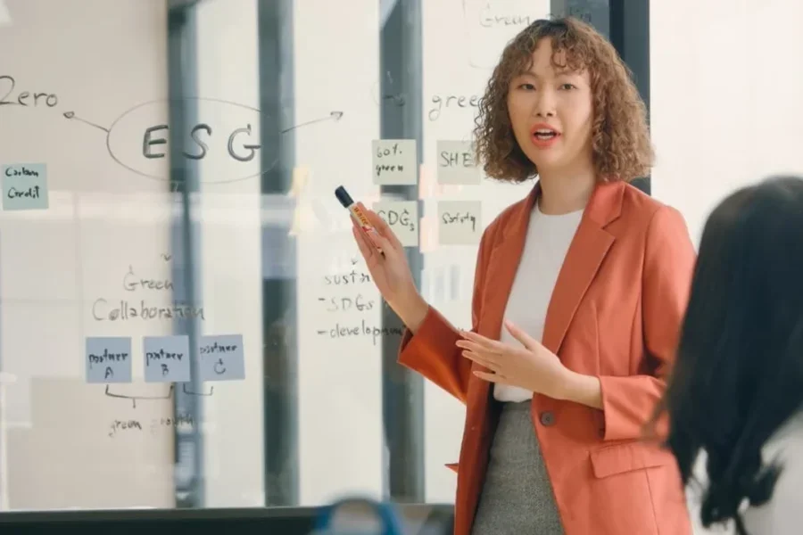 Woman leading sustainability meeting at company