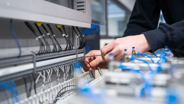 Technician organizing wires on an electronics panel, showcasing precision in supply chain data collection and compliance processes for the electronics industry.