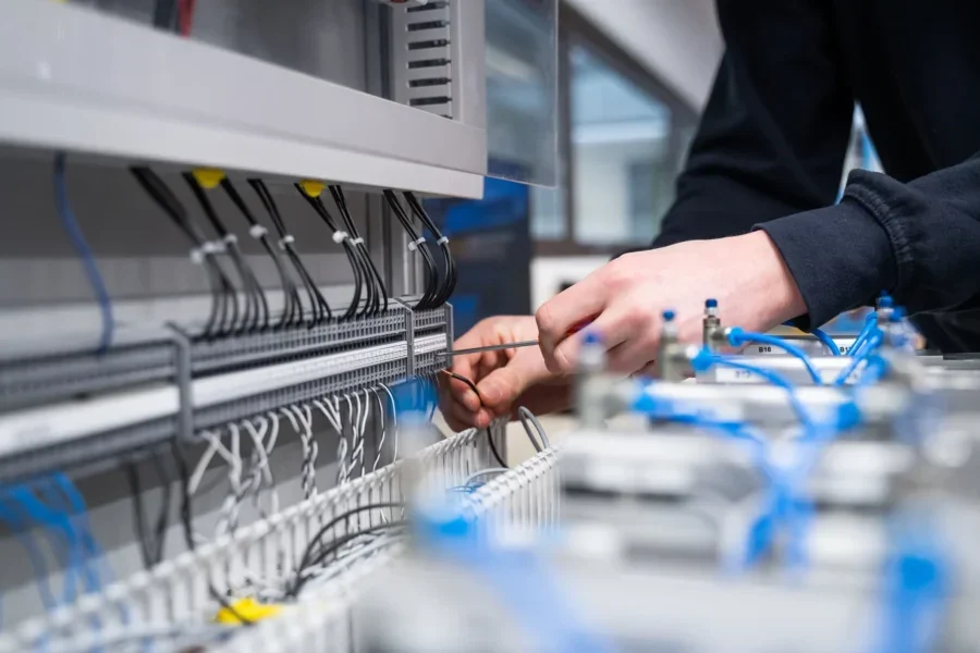 Technician organizing wires on an electronics panel, showcasing precision in supply chain data collection and compliance processes for the electronics industry.