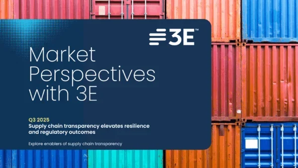 'Market Perspectives with 3E' in bold white text, highlighting 'Q3 2025' in light green. The subtitle reads 'Supply chain transparency elevates resilience and regulatory outcomes,'