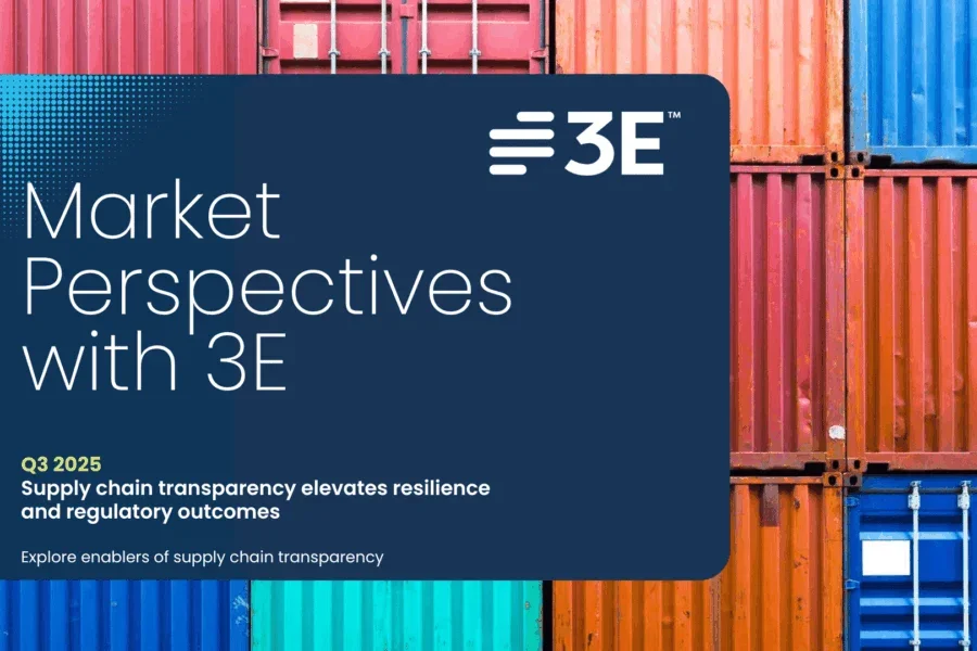 'Market Perspectives with 3E' in bold white text, highlighting 'Q3 2025' in light green. The subtitle reads 'Supply chain transparency elevates resilience and regulatory outcomes,'