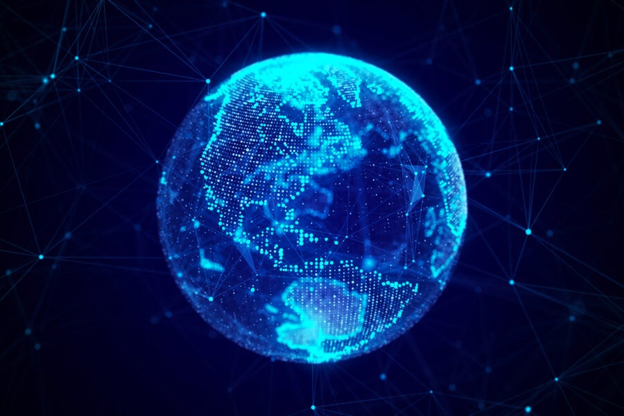 Planète Terre abstraite avec des particules et une coquille connectée par des lignes. Connexion en réseau mondial. Science et technologie. Rendu 3D.