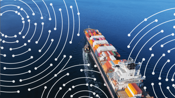 Supply chain data collection, container ship with 3E branding