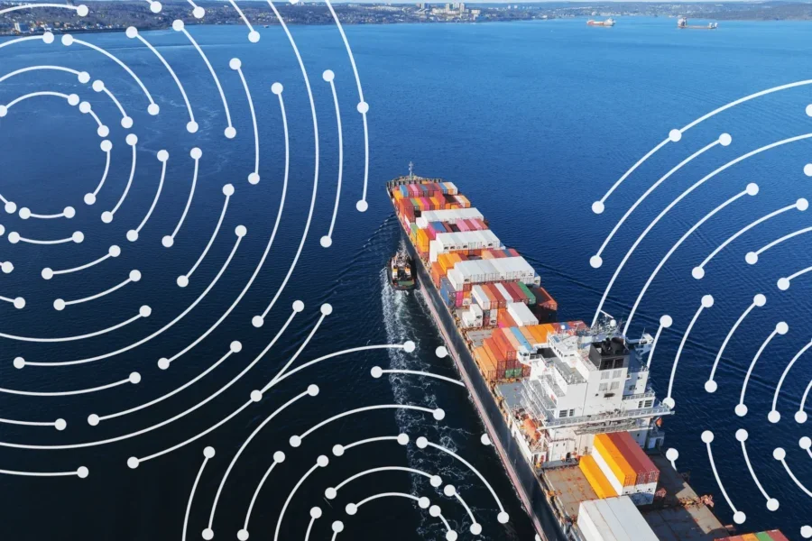 Supply chain data collection, container ship with 3E branding