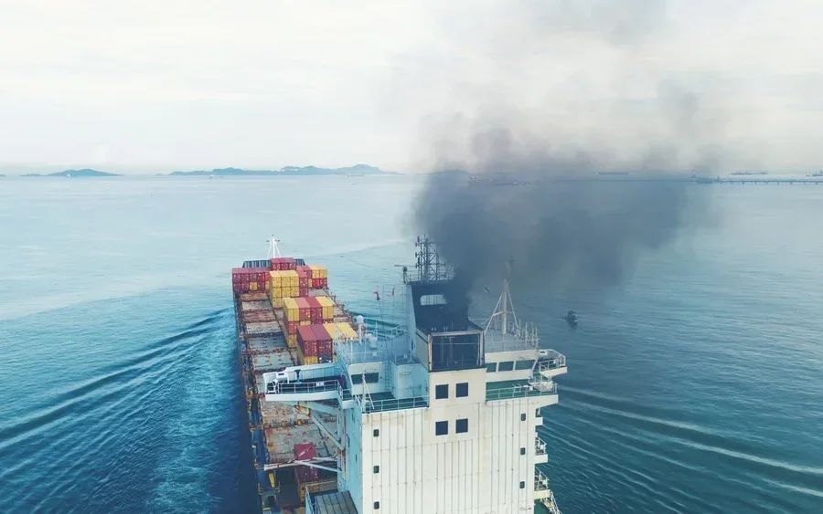 Cargo ship at sea under a cloudy sky, symbolizing global shipping and environmental challenges.