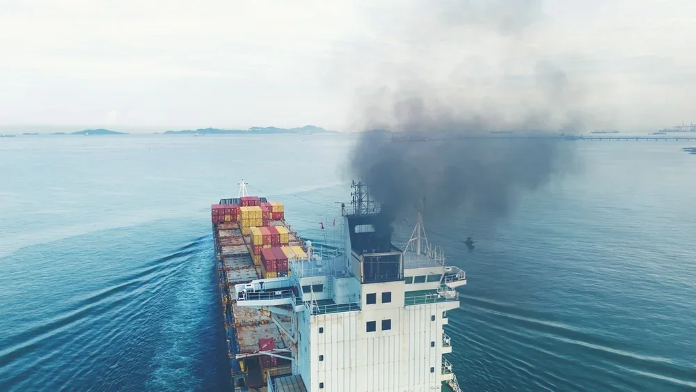 Cargo ship at sea under a cloudy sky, symbolizing global shipping and environmental challenges.