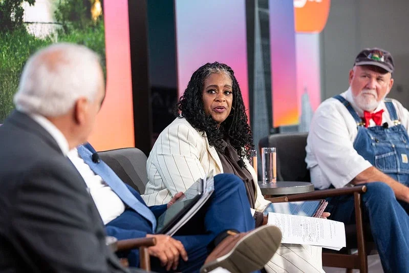 Panel discussion at Climate Week NYC 2025 highlighting the role of storytelling in climate change advocacy, featuring speakers addressing sustainability, leadership, and community impact.