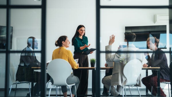 Diverse group of business professionals discussing ideas and strategy during a modern office meeting. Corporate teamwork, communication, innovation, leadership, and collaboration in a contemporary workplace environment with natural light and technology