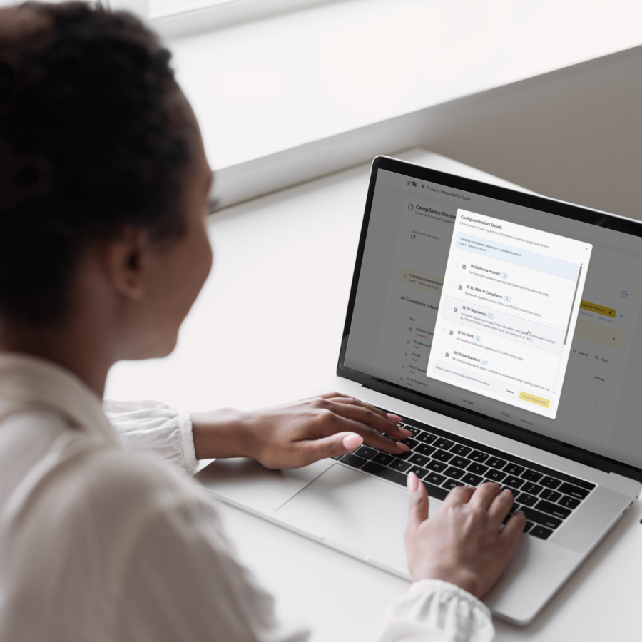 Product steward using 3E Generate to create compliance letters on a laptop